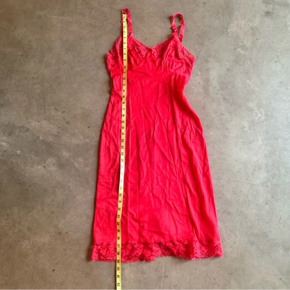 Vintage Red Lace Full Slip Chamise w/ Chiffon and Lace Trim adj straps (M) - Picture 9 of 10
